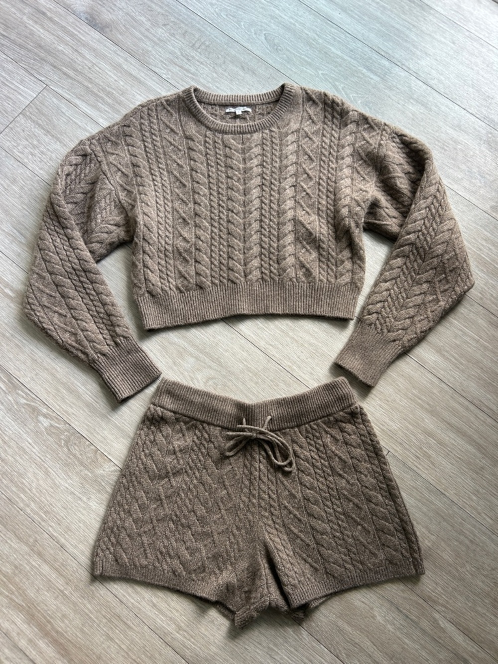 Reformation ALFIO Brown Cable Knit Crop Sweater & Shorts Set